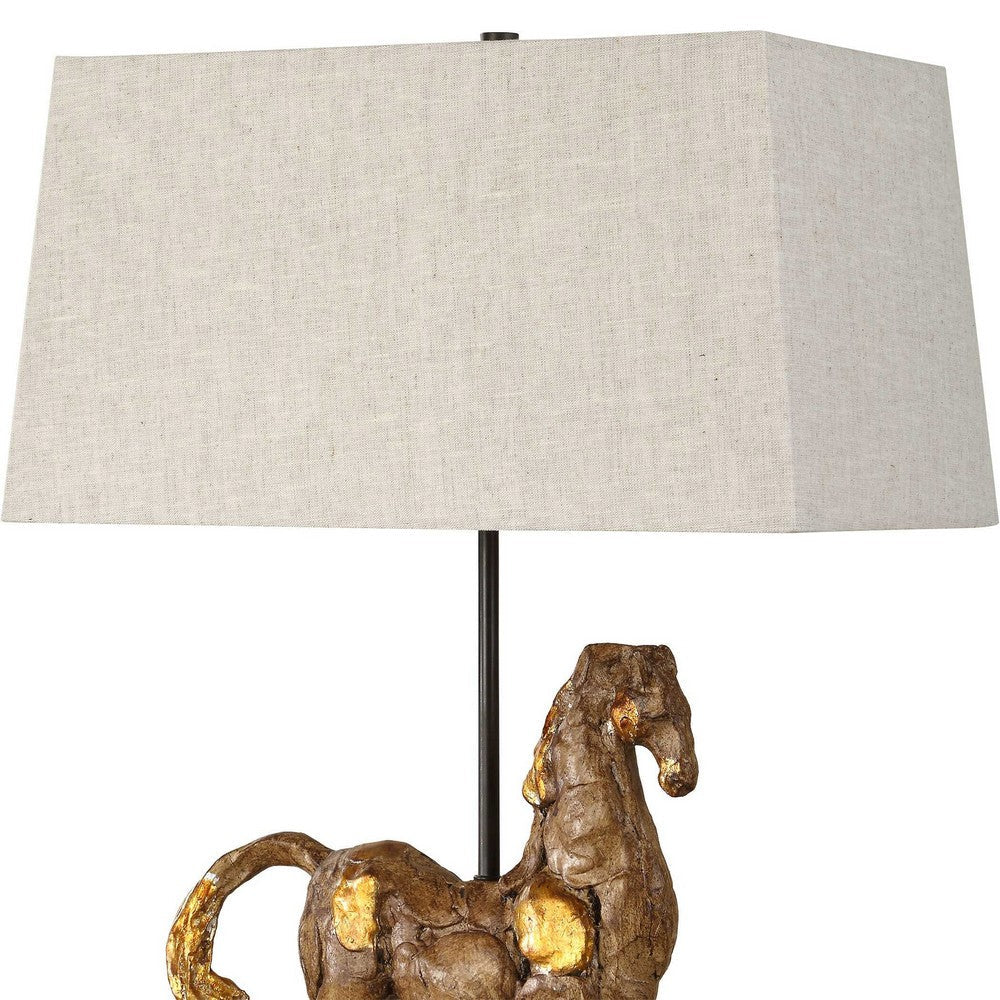Benjara Horse Sculpture Table Lamp, Beige Linen Shade, 29 Inch Black Iron
