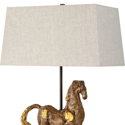 Benjara Horse Sculpture Table Lamp, Beige Linen Shade, 29 Inch Black Iron