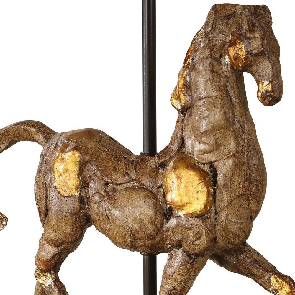 Benjara Horse Sculpture Table Lamp, Beige Linen Shade, 29 Inch Black Iron