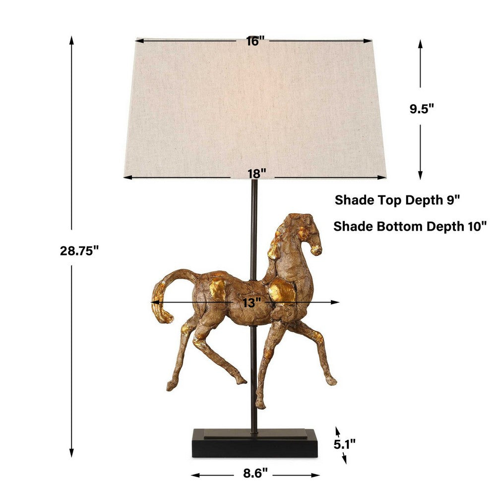 Benjara Horse Sculpture Table Lamp, Beige Linen Shade, 29 Inch Black Iron
