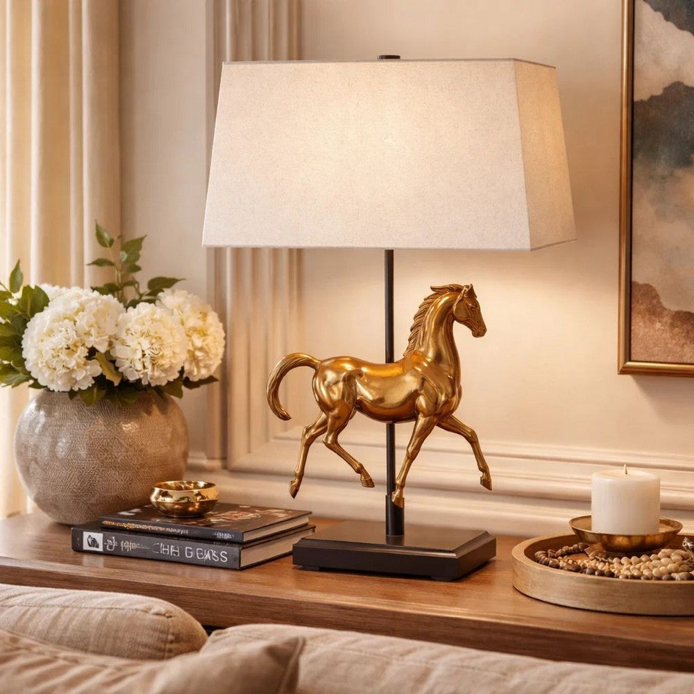 Benjara Horse Sculpture Table Lamp, Beige Linen Shade, 29 Inch Black Iron