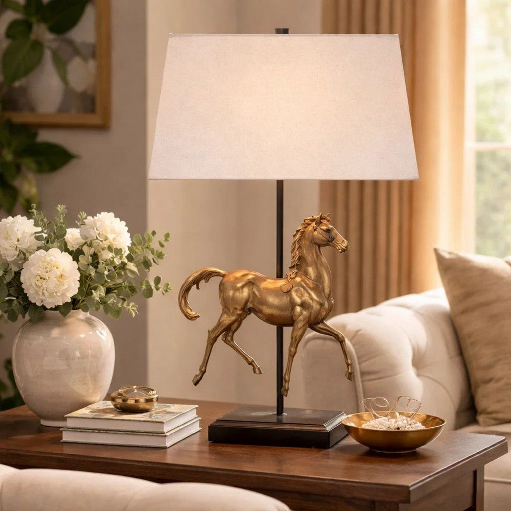 Benjara Horse Sculpture Table Lamp, Beige Linen Shade, 29 Inch Black Iron