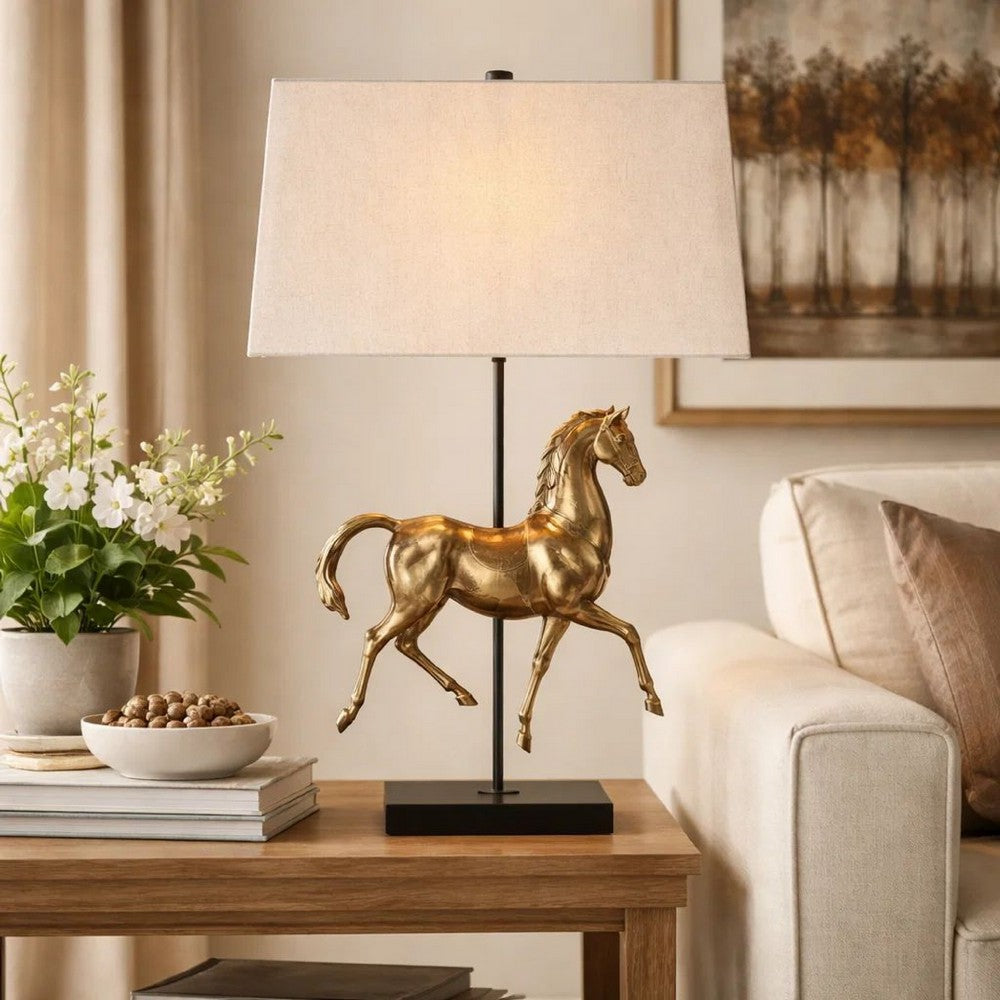 Benjara Horse Sculpture Table Lamp, Beige Linen Shade, 29 Inch Black Iron