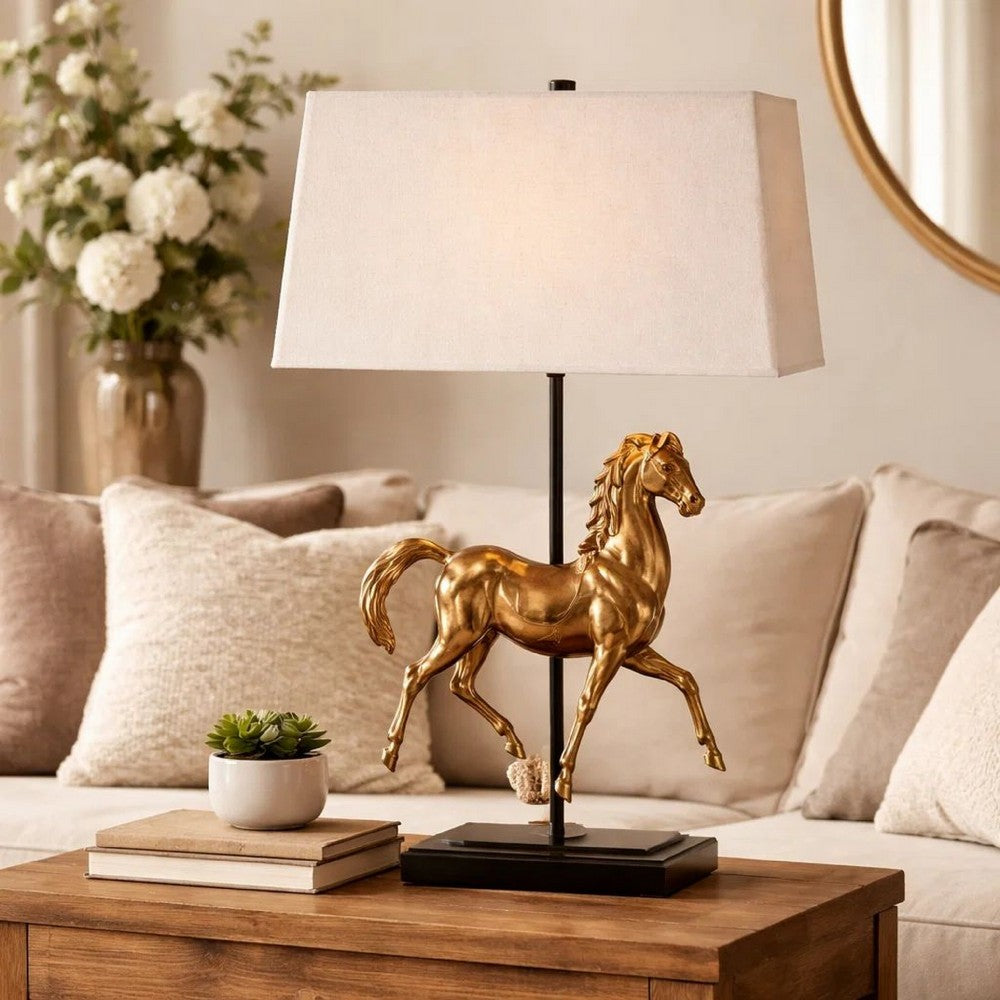 Benjara Horse Sculpture Table Lamp, Beige Linen Shade, 29 Inch Black Iron