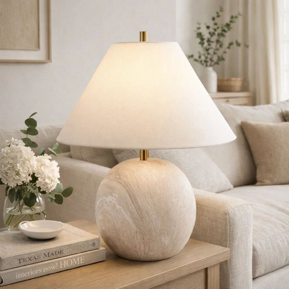 Benjara Table Lamp, Water Marble Ceramic And White Linen Shade, 17 Inch