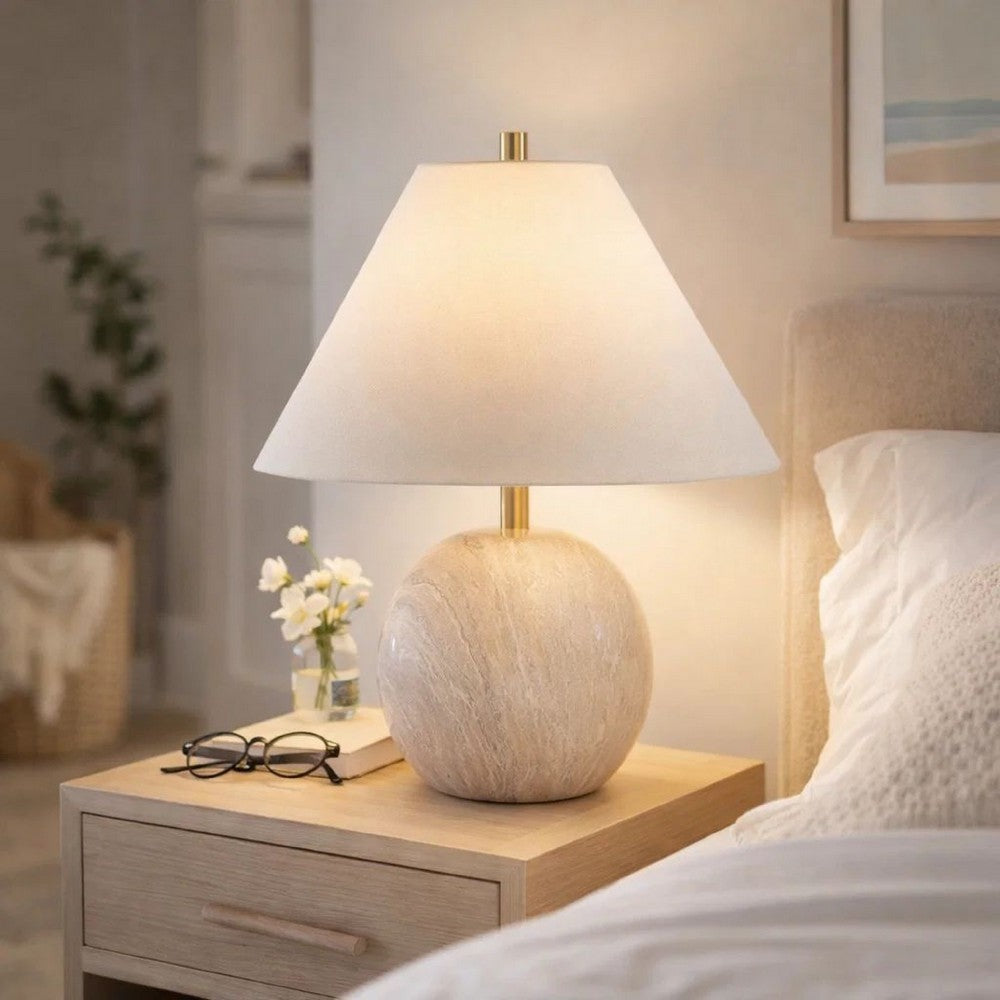 Benjara Table Lamp, Water Marble Ceramic And White Linen Shade, 17 Inch