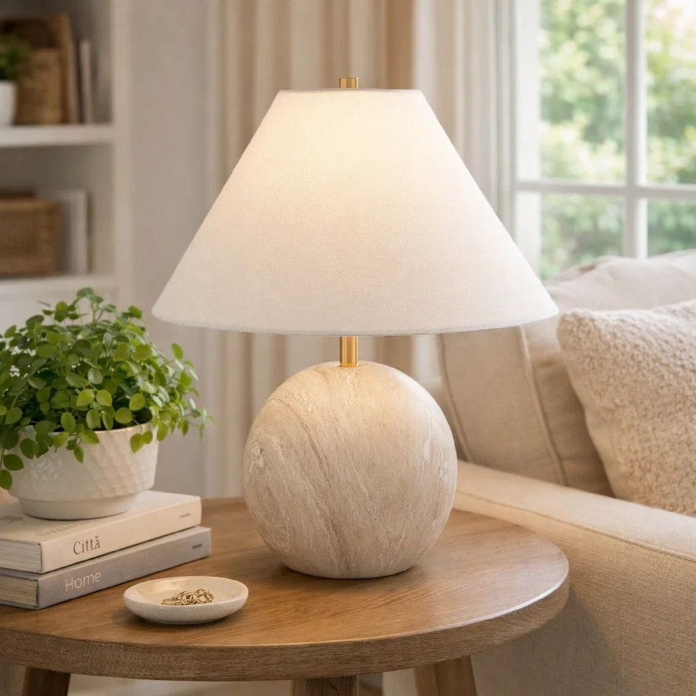 Benjara Table Lamp, Water Marble Ceramic And White Linen Shade, 17 Inch