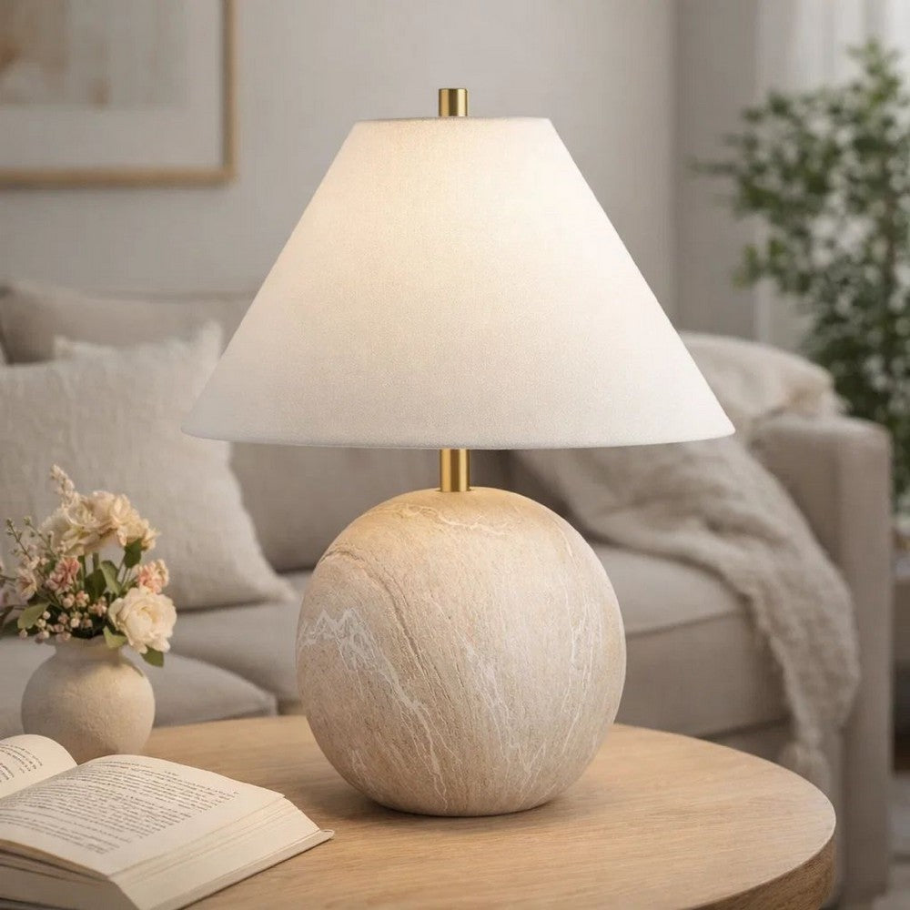 Benjara Table Lamp, Water Marble Ceramic And White Linen Shade, 17 Inch