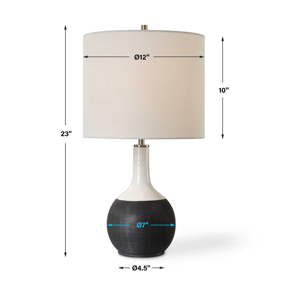 Benjara Table Lamp, White Linen Shade, 23 Inch Black And White Ceramic Accent