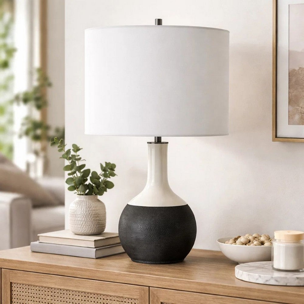 Benjara Table Lamp, White Linen Shade, 23 Inch Black And White Ceramic Accent