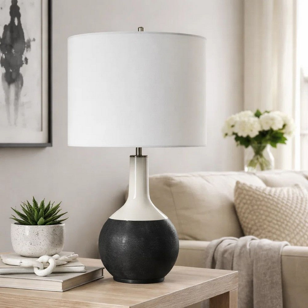 Benjara Table Lamp, White Linen Shade, 23 Inch Black And White Ceramic Accent