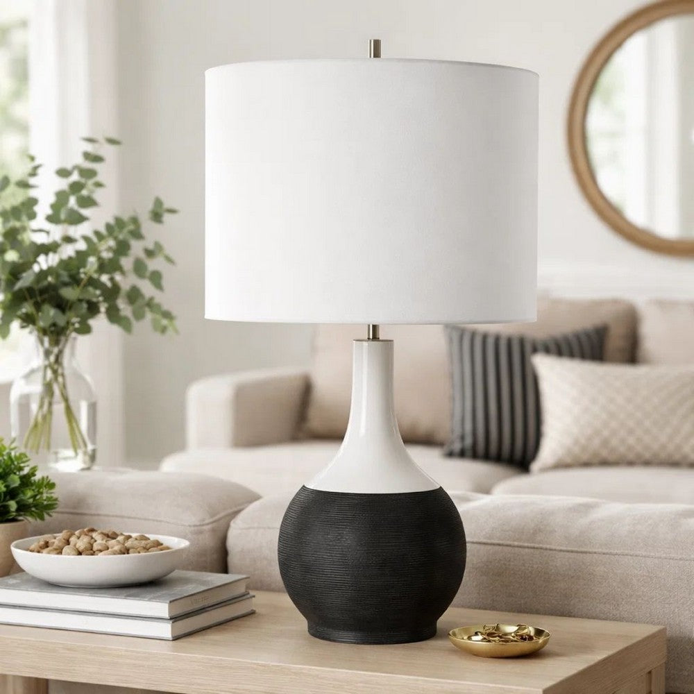 Benjara Table Lamp, White Linen Shade, 23 Inch Black And White Ceramic Accent