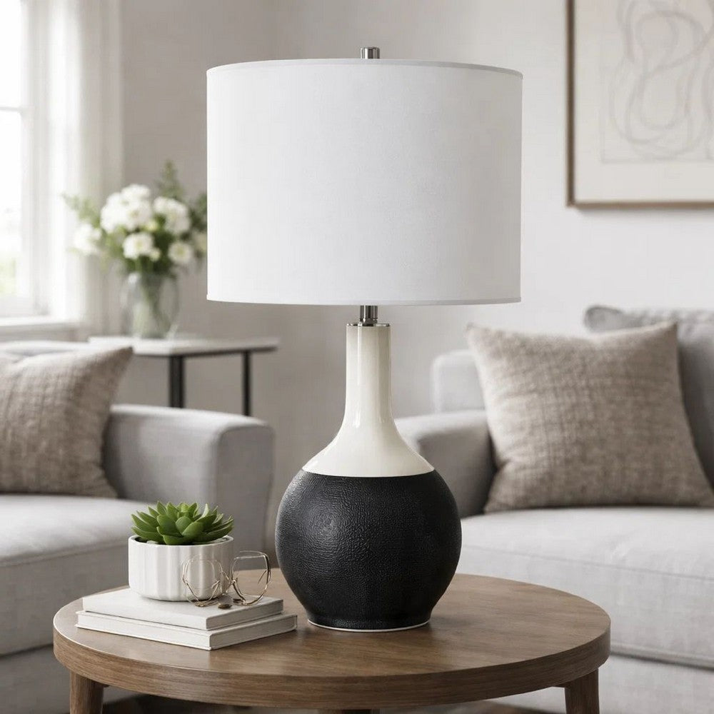Benjara Table Lamp, White Linen Shade, 23 Inch Black And White Ceramic Accent
