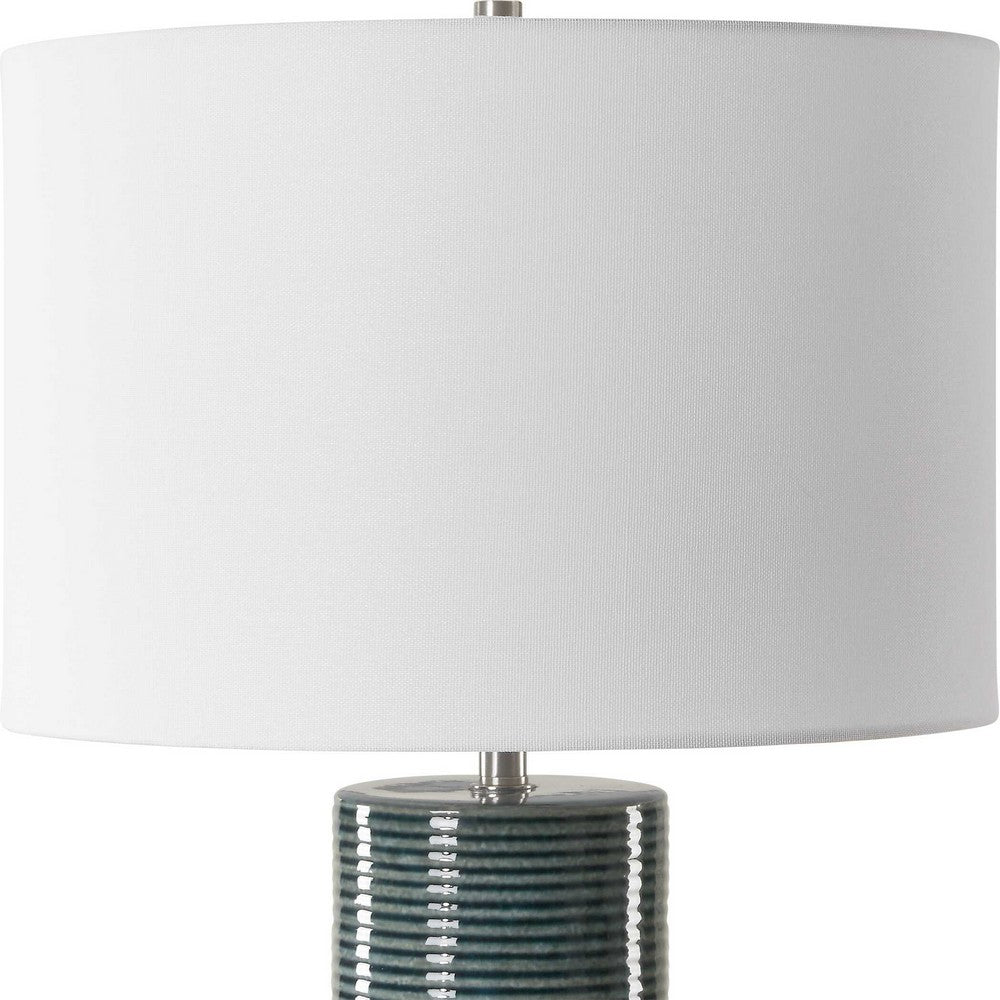 Benjara Table Lamp, Teal Ribbed Ceramic Base And White Linen Shade, 28 Inch