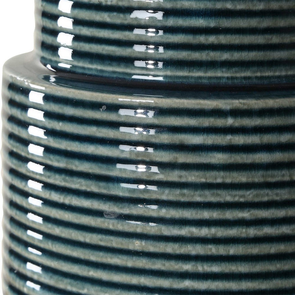 Benjara Table Lamp, Teal Ribbed Ceramic Base And White Linen Shade, 28 Inch