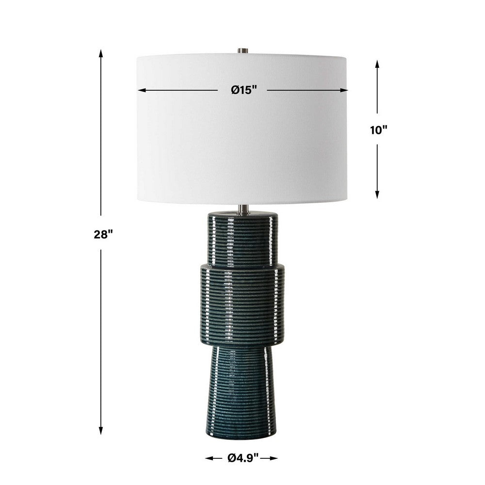 Benjara Table Lamp, Teal Ribbed Ceramic Base And White Linen Shade, 28 Inch