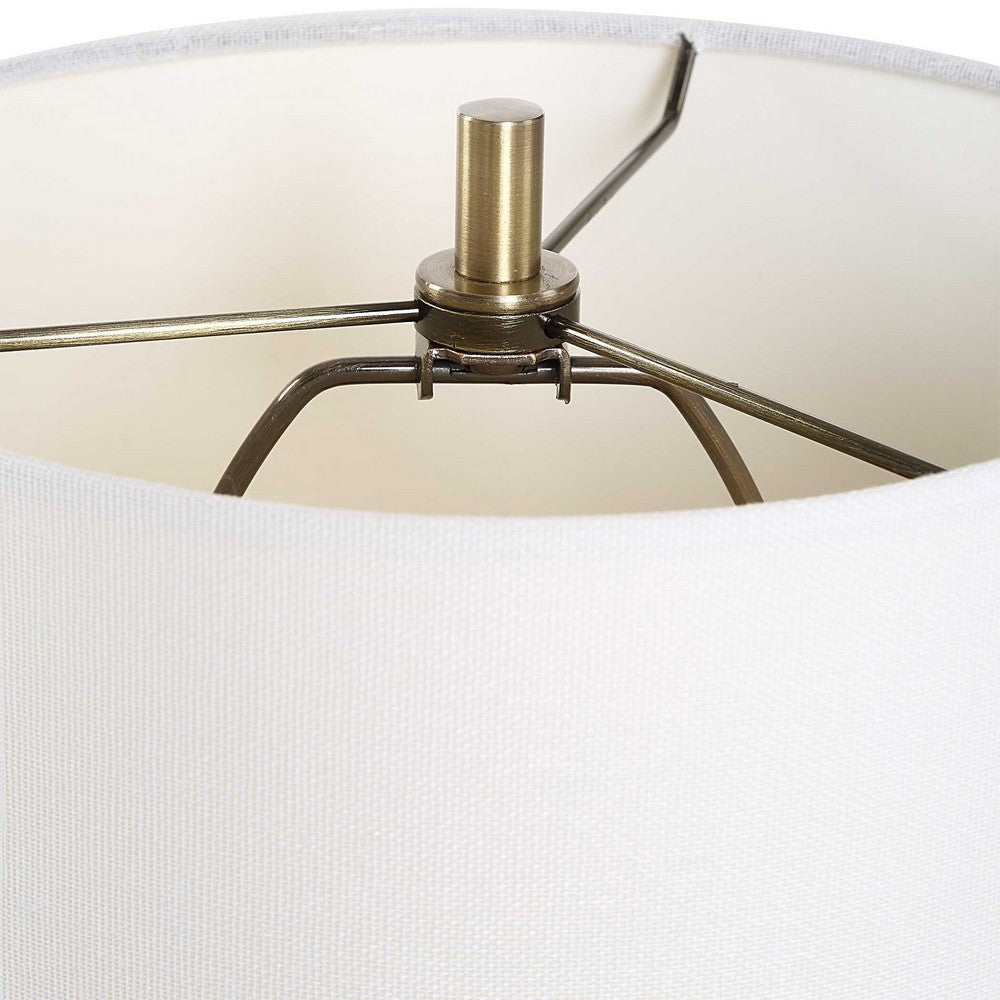 Benjara Table Lamp, Crystal Base, White Linen Shade, 32 Inch Antique Brass