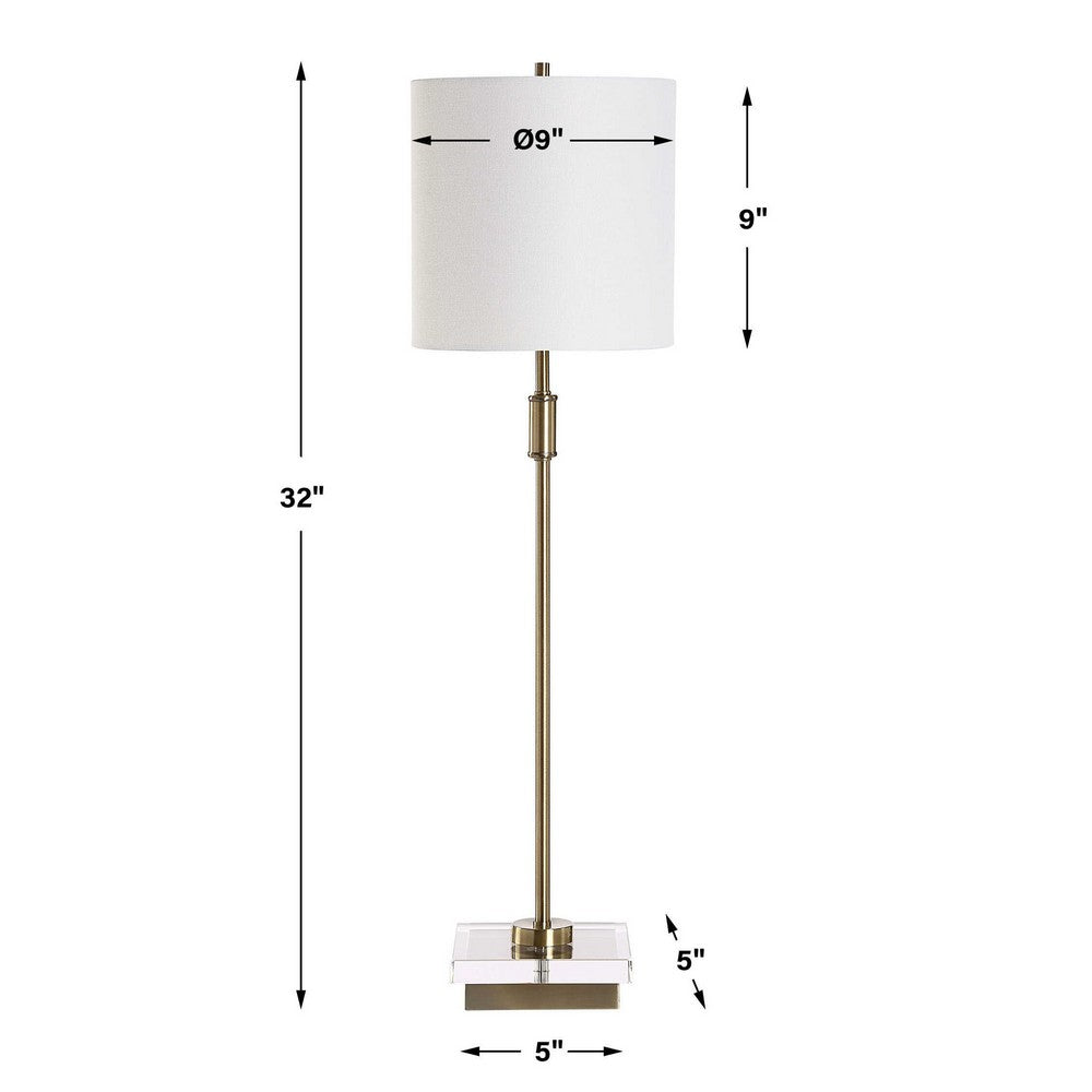 Benjara Table Lamp, Crystal Base, White Linen Shade, 32 Inch Antique Brass