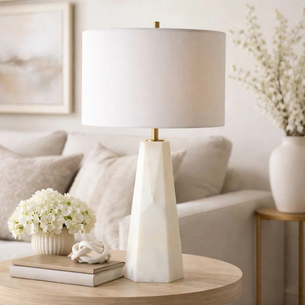 Benjara Accent Table Lamp, Cream Marble Base, Off White Linen Shade, 23 Inch
