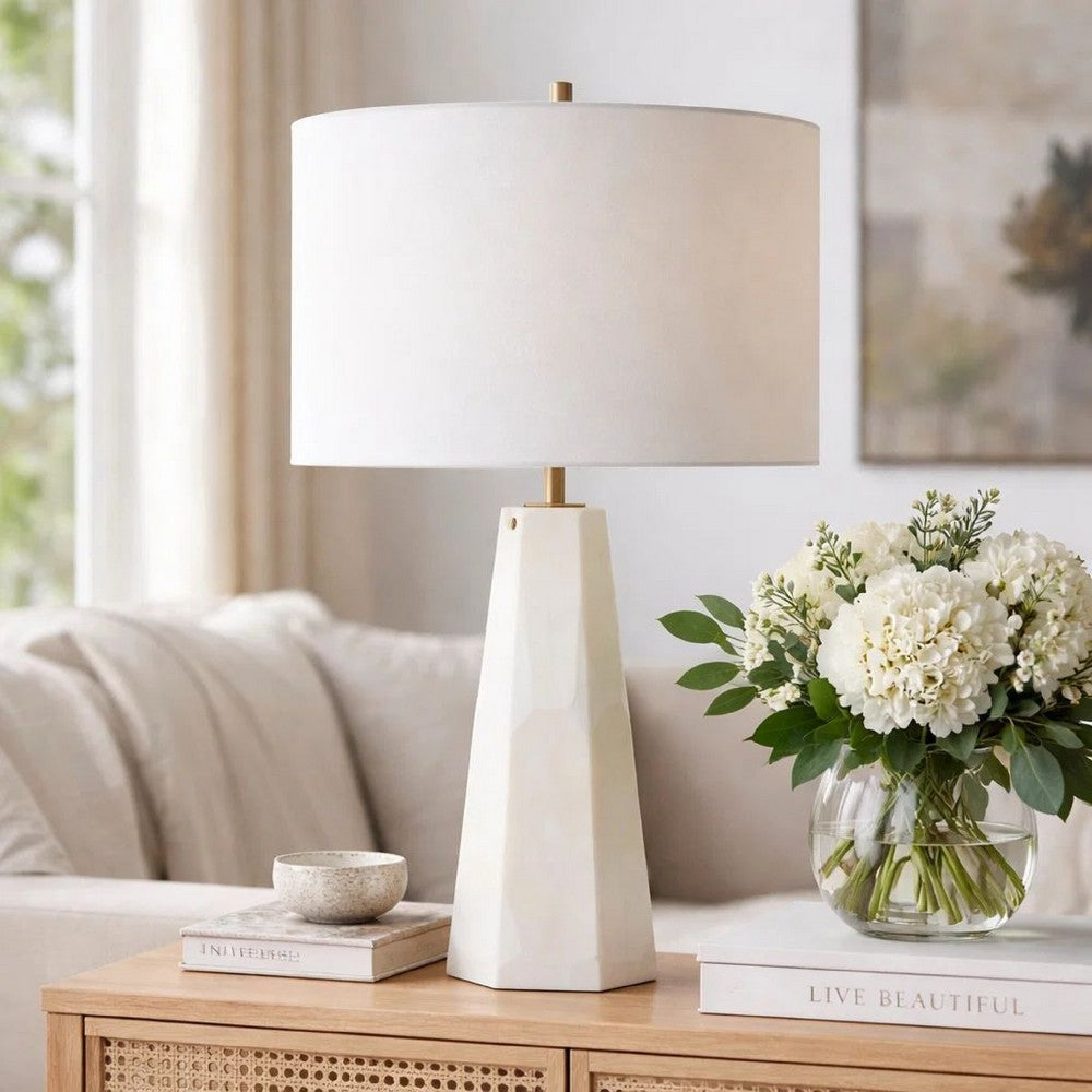 Benjara Accent Table Lamp, Cream Marble Base, Off White Linen Shade, 23 Inch