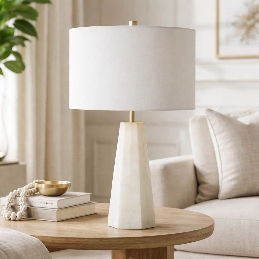 Benjara Accent Table Lamp, Cream Marble Base, Off White Linen Shade, 23 Inch