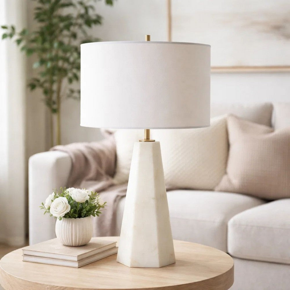 Benjara Accent Table Lamp, Cream Marble Base, Off White Linen Shade, 23 Inch
