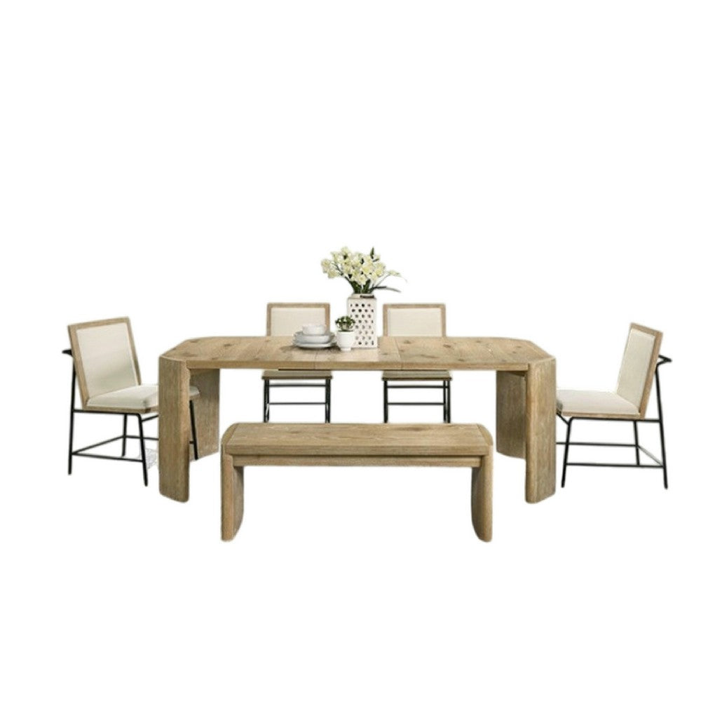 Benjara 7pc Extendable Dining Table Set, 6 Beige Chairs, Solid Wood Oak Brown