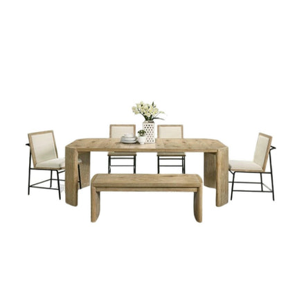 Benjara 7pc Extendable Dining Table Set, 6 Beige Chairs, Solid Wood Oak Brown