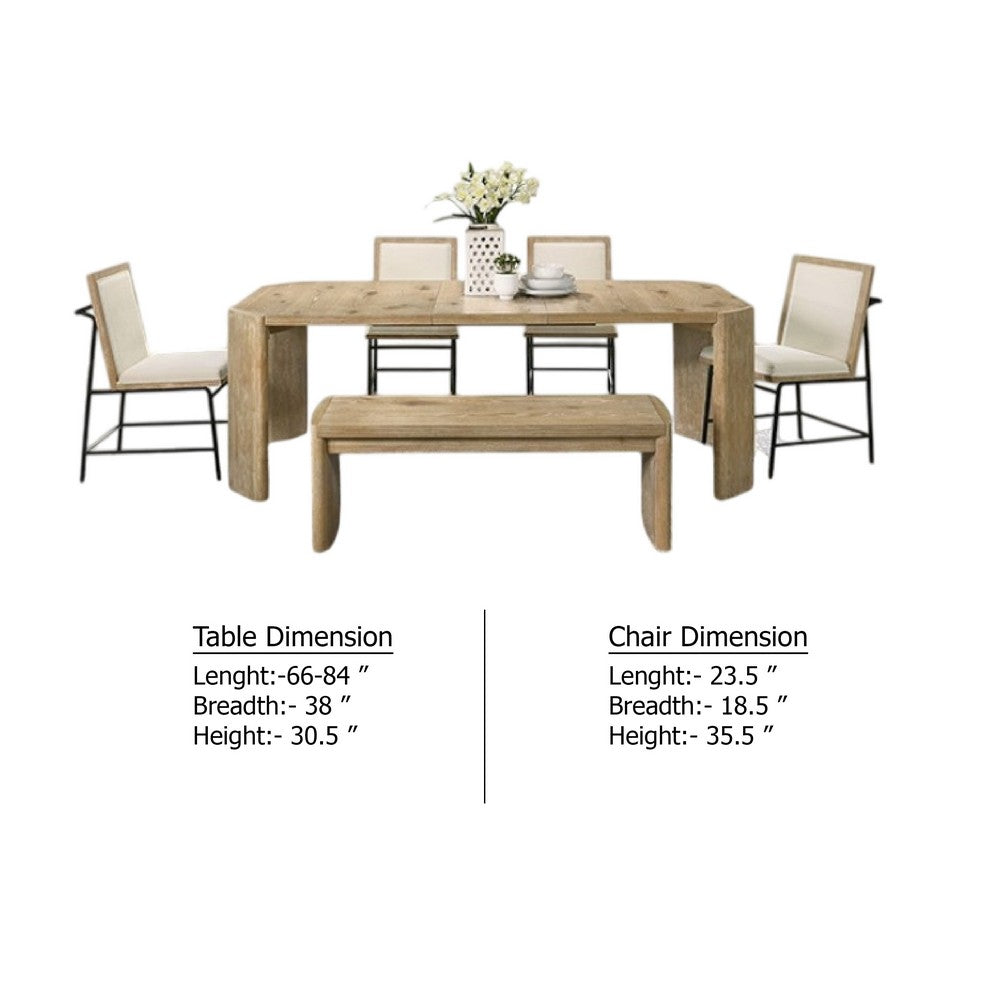 Benjara 7pc Extendable Dining Table Set, 6 Beige Chairs, Solid Wood Oak Brown