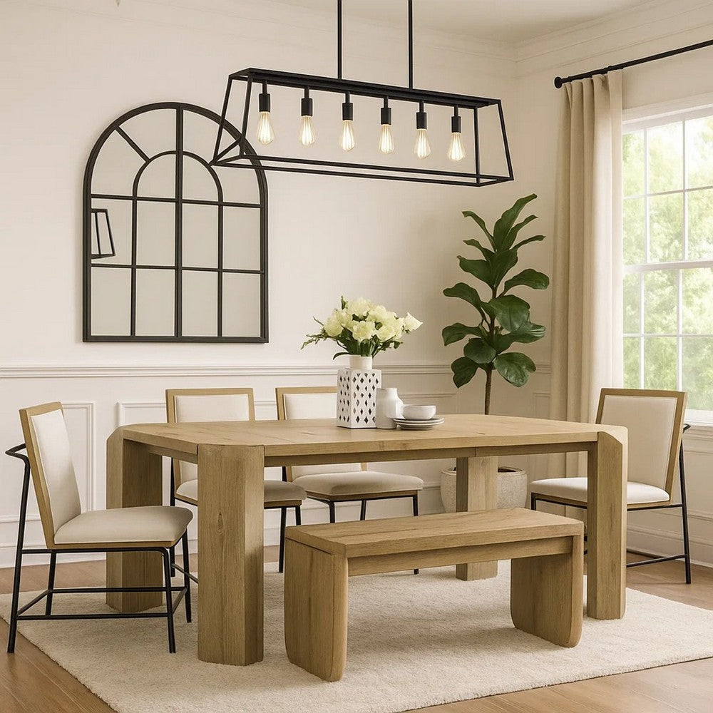 Benjara 7pc Extendable Dining Table Set, 6 Beige Chairs, Solid Wood Oak Brown