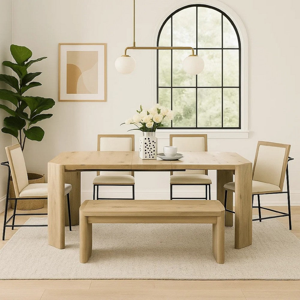 Benjara 7pc Extendable Dining Table Set, 6 Beige Chairs, Solid Wood Oak Brown