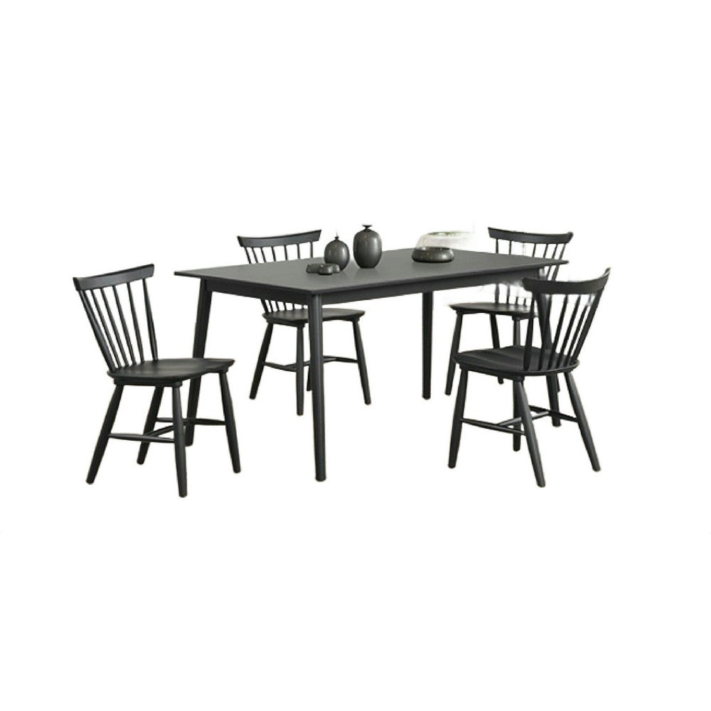 Benjara Baylee 7pc Dining Table Set with 6 Farmhouse Chairs, Black Wood