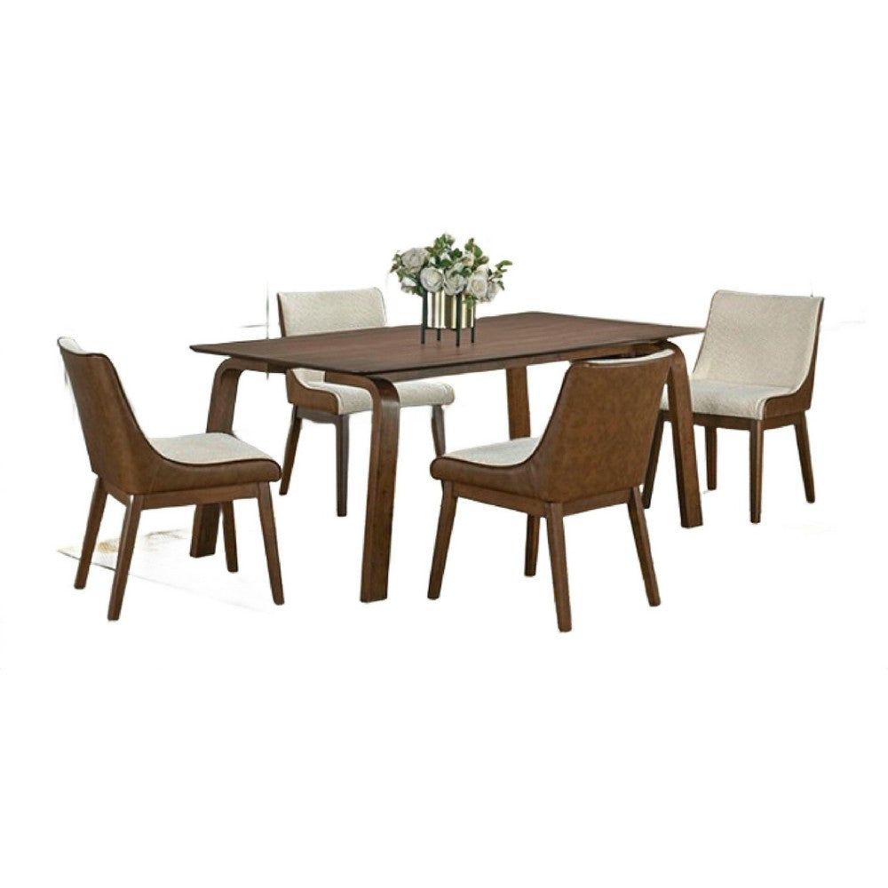 Benjara Iken 5pc Dining Table Set, 4 Cream Fabric Chairs, Tapered Legs, Brown Wood