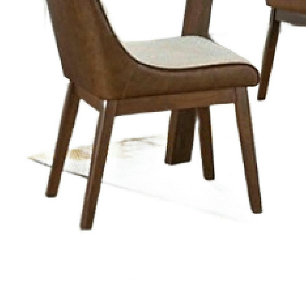 Benjara Iken 5pc Dining Table Set, 4 Cream Fabric Chairs, Tapered Legs, Brown Wood