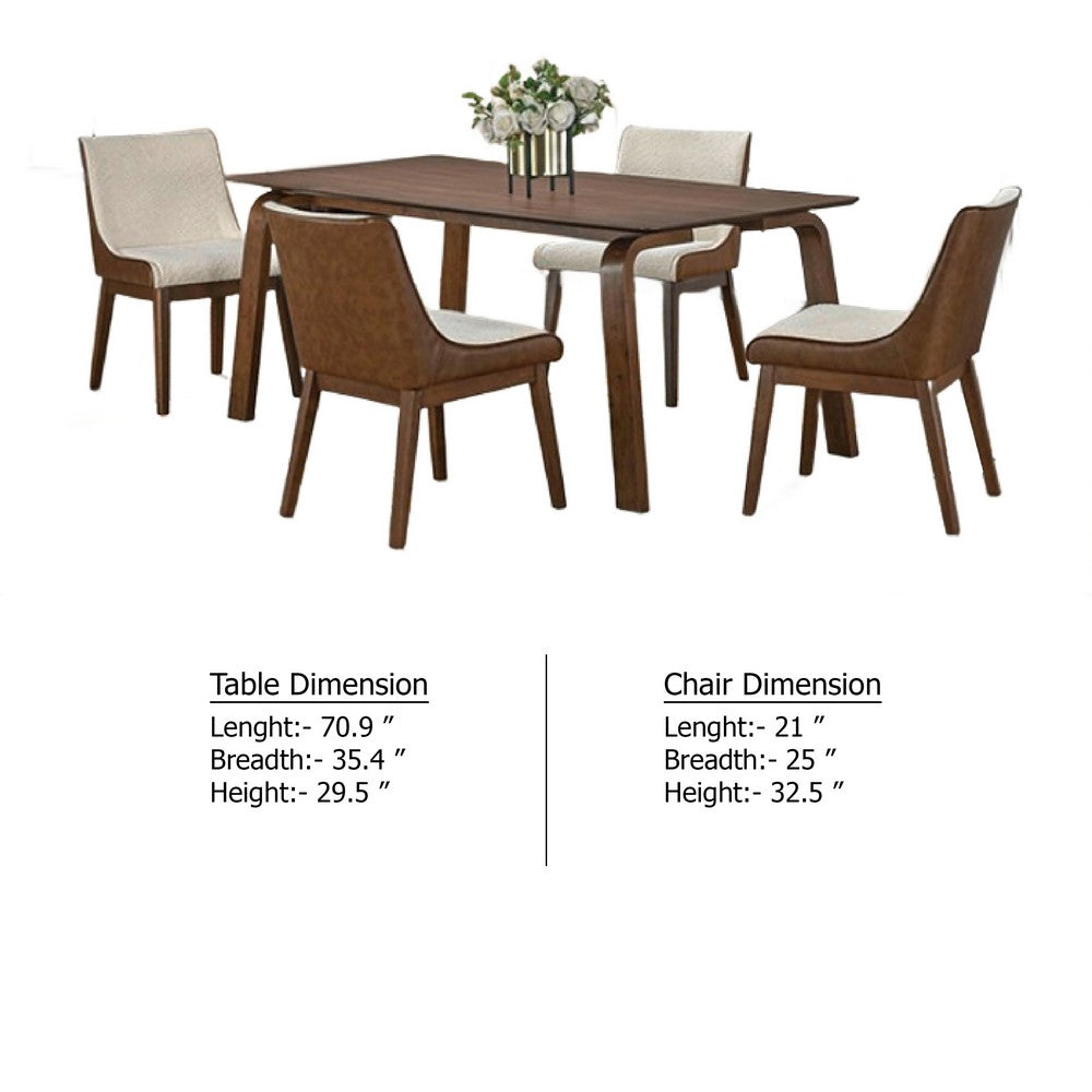Benjara Iken 5pc Dining Table Set, 4 Cream Fabric Chairs, Tapered Legs, Brown Wood