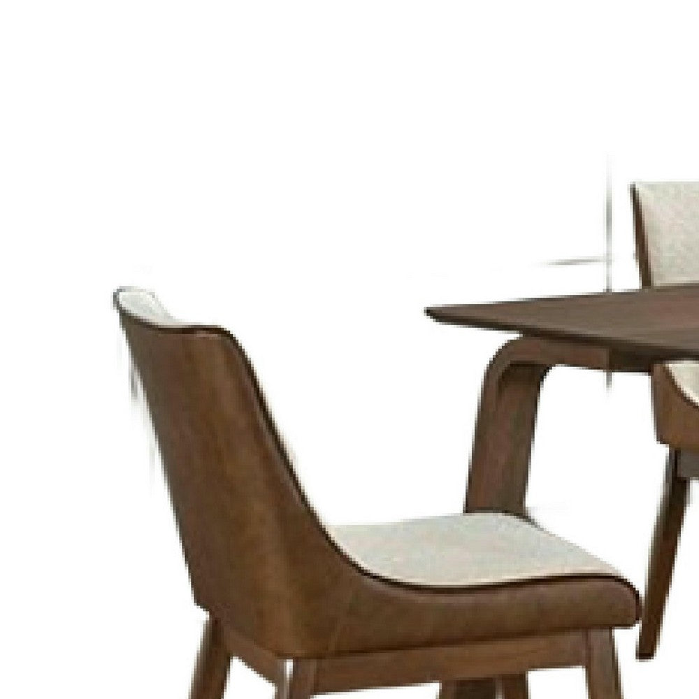 Benjara Iken 7pc Dining Table Set, 6 Cream Fabric Chair, Tapered Legs, Brown Wood