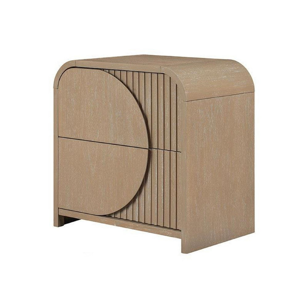 Benjara Tanya Nightstand with 2 Drawers, Reeded Panels, Natural Brown Wood