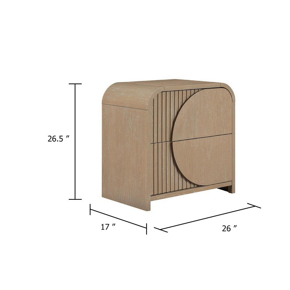 Benjara Tanya Nightstand with 2 Drawers, Reeded Panels, Natural Brown Wood