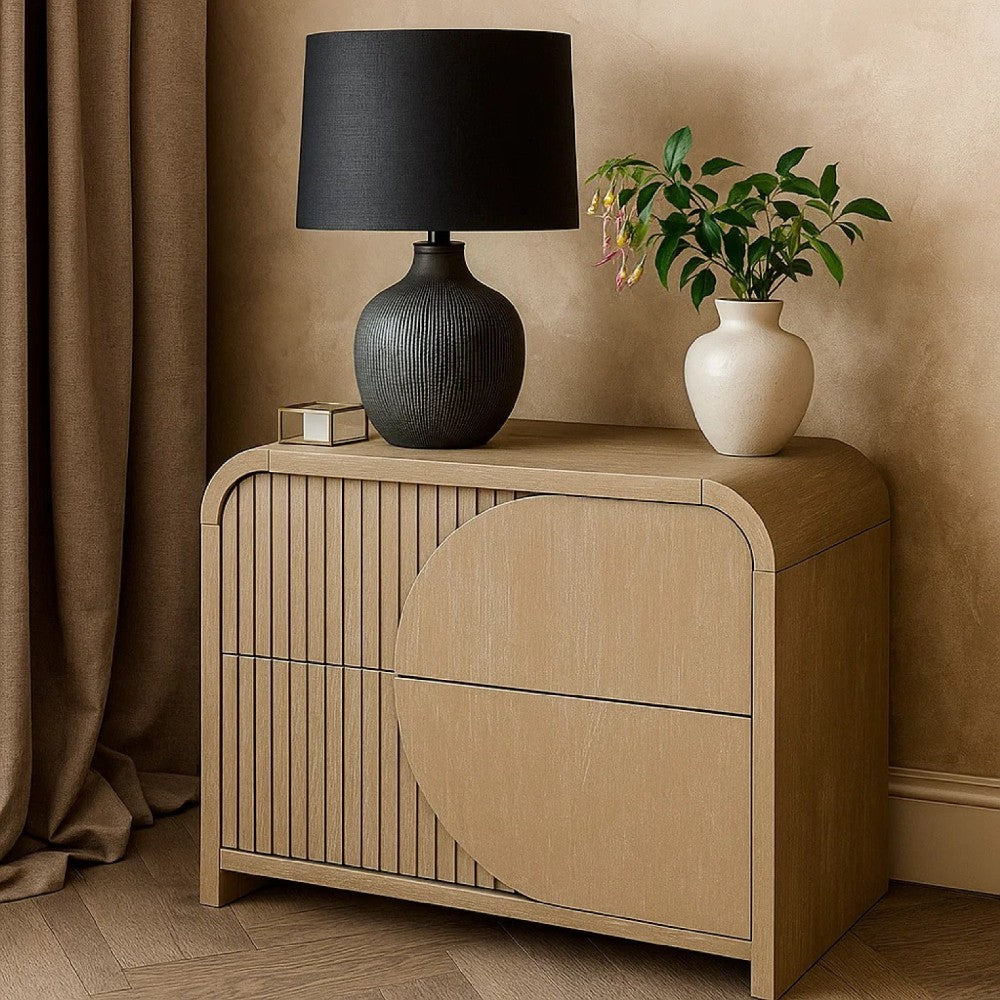 Benjara Tanya Nightstand with 2 Drawers, Reeded Panels, Natural Brown Wood