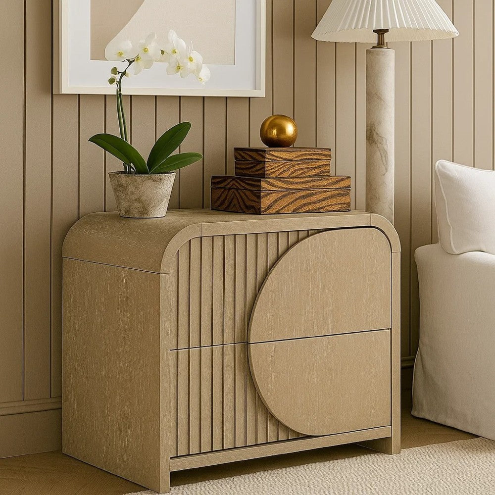 Benjara Tanya Nightstand with 2 Drawers, Reeded Panels, Natural Brown Wood