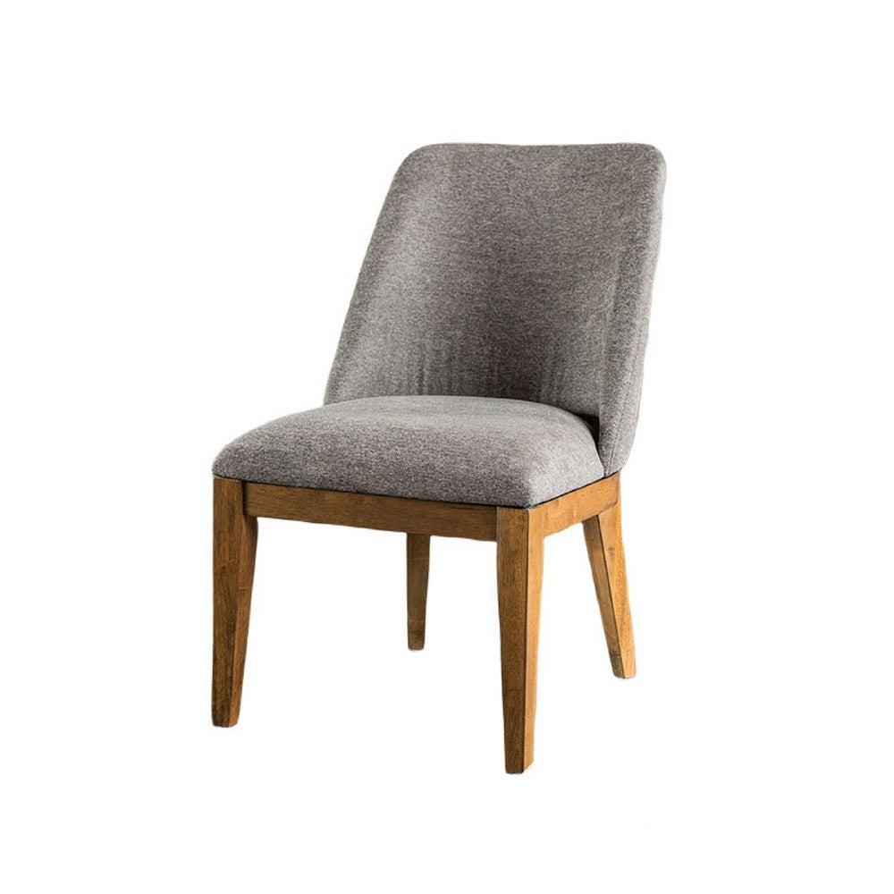 Benjara Ramie Side Dining Chair Set of 2, Wingback, Chestnut Wood, Gray Fabric