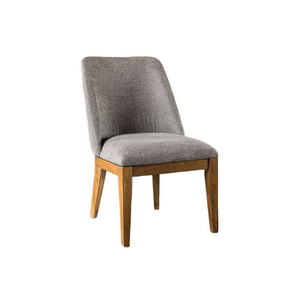 Benjara Ramie Side Dining Chair Set of 2, Wingback, Chestnut Wood, Gray Fabric