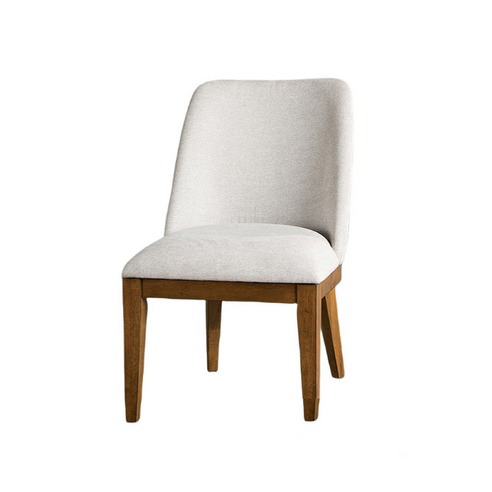 Benjara Ramie Side Dining Chair Set of 2, Wingback Chestnut Wood, White Fabric
