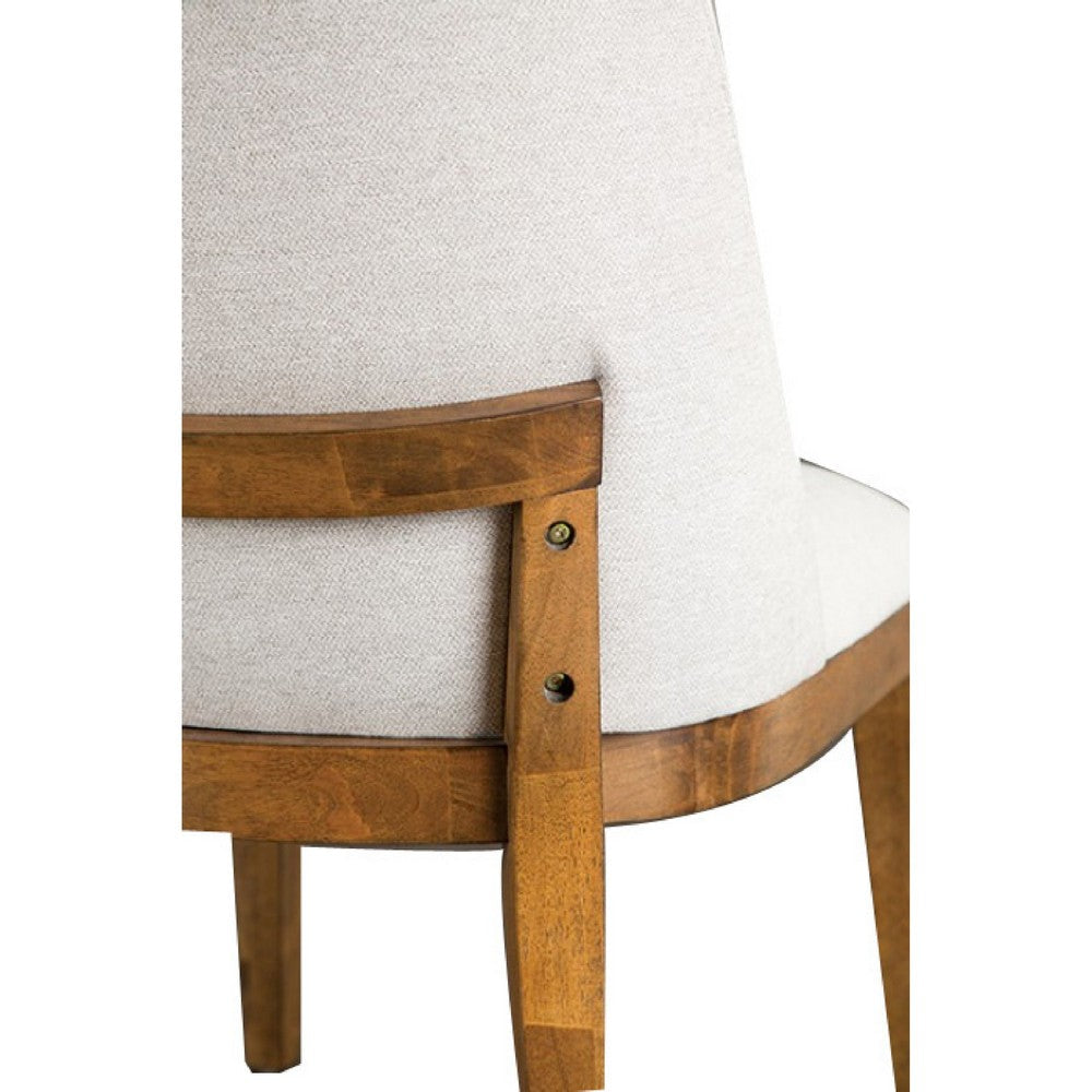 Benjara Ramie Side Dining Chair Set of 2, Wingback Chestnut Wood, White Fabric