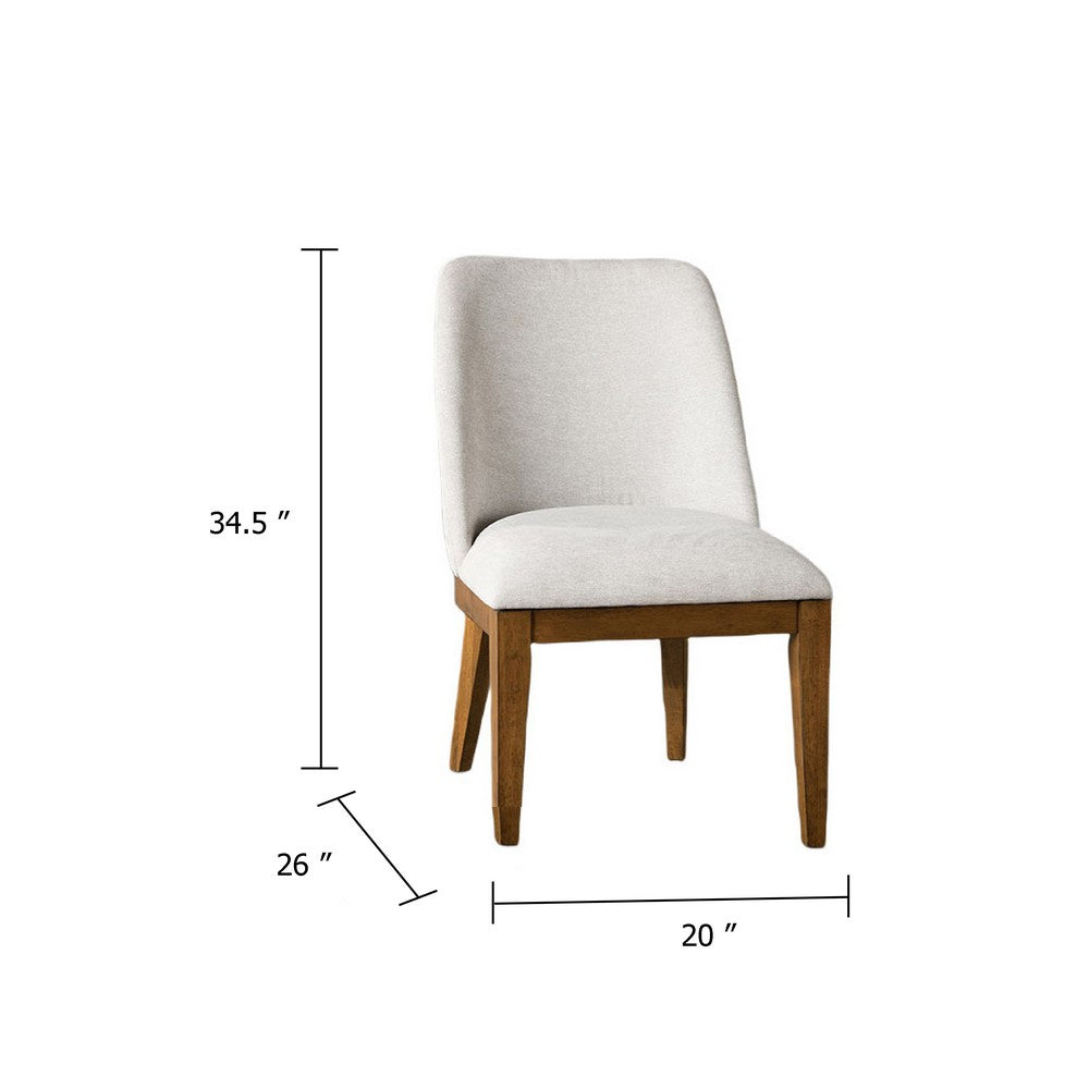 Benjara Ramie Side Dining Chair Set of 2, Wingback Chestnut Wood, White Fabric