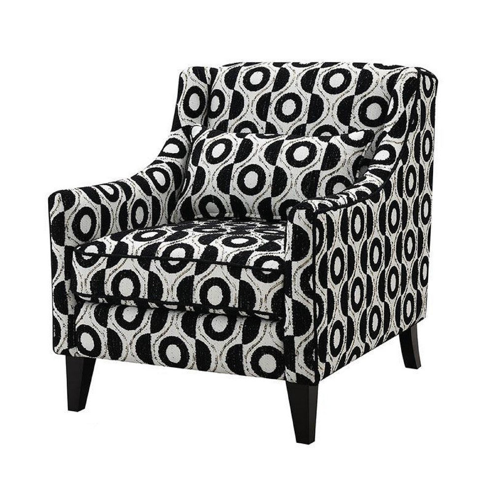 Benjara Viani Accent Chair with Round Eye Pattern, Solid Wood, Black Chenille