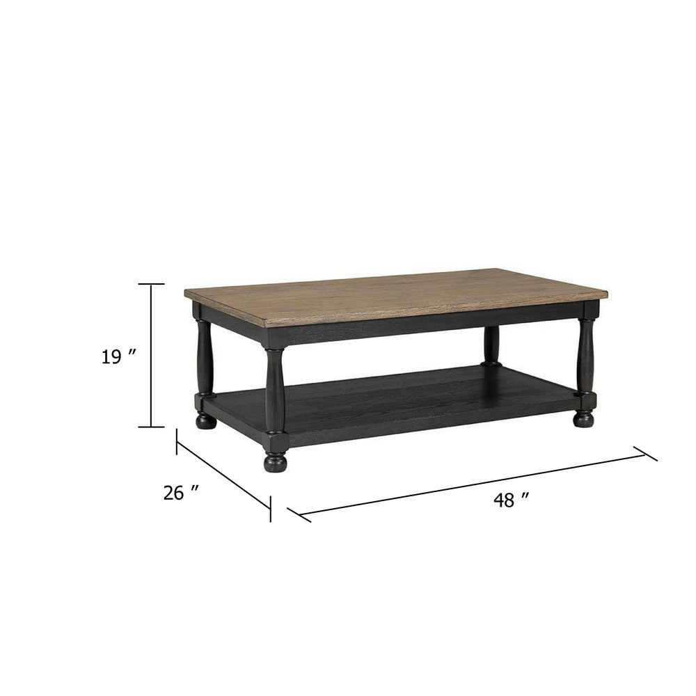 Benjara Ginie Coffee Table, 2 Tone Rustic Black, Brown Rubberwood, 48 Inch