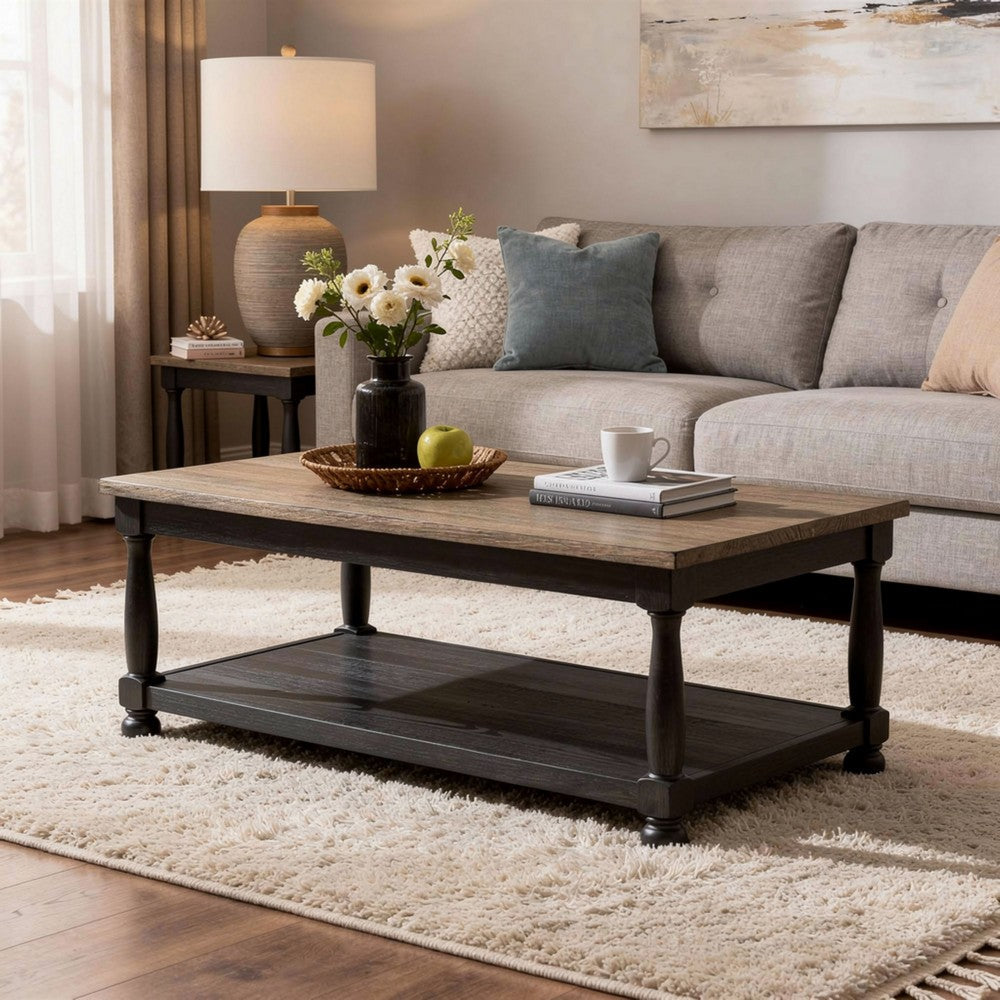 Benjara Ginie Coffee Table, 2 Tone Rustic Black, Brown Rubberwood, 48 Inch