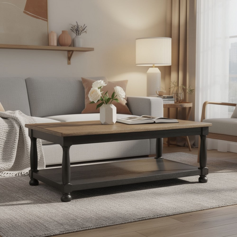 Benjara Ginie Coffee Table, 2 Tone Rustic Black, Brown Rubberwood, 48 Inch