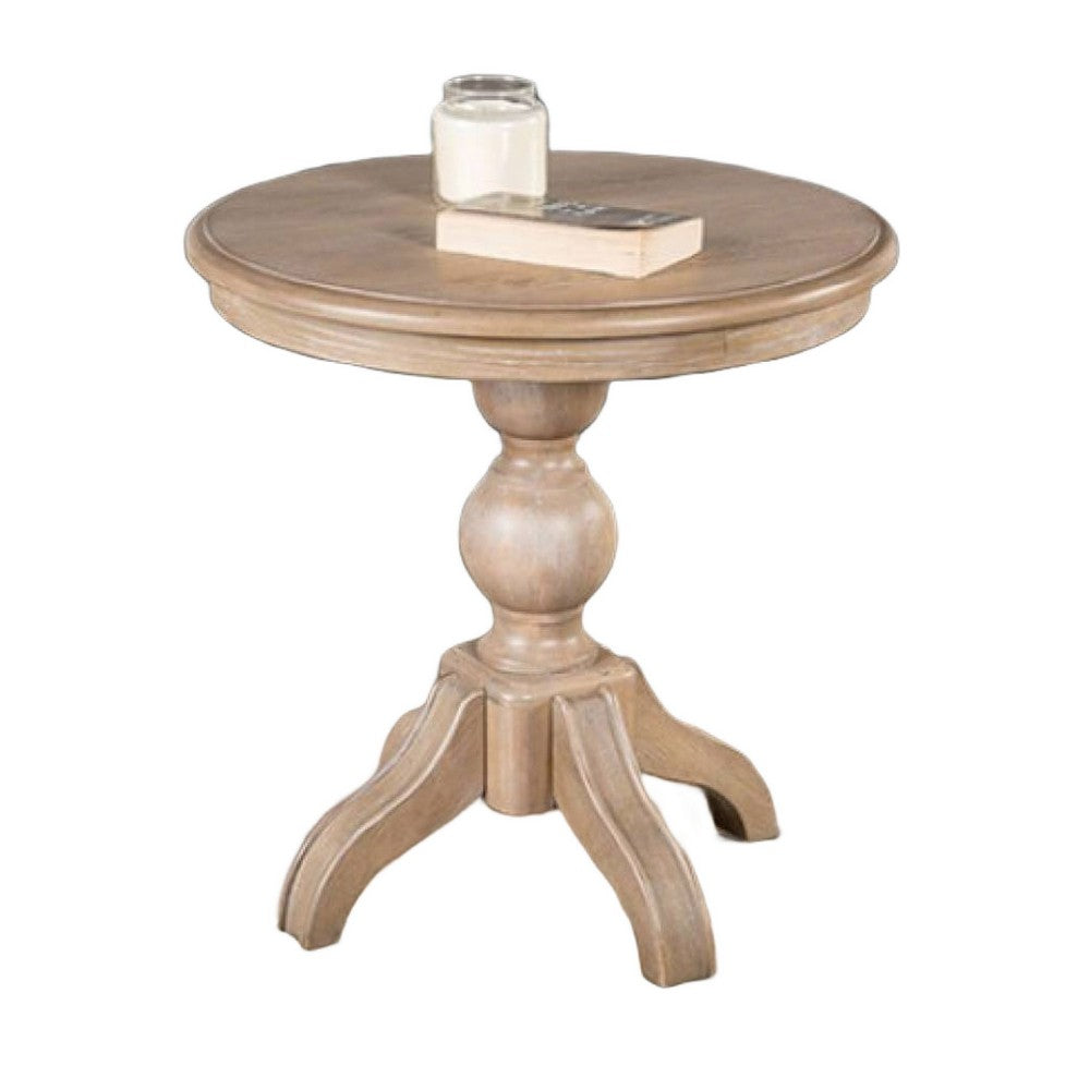 Benjara Cherie Round End Table, Light White Washed Solid Rubberwood, 24 Inch